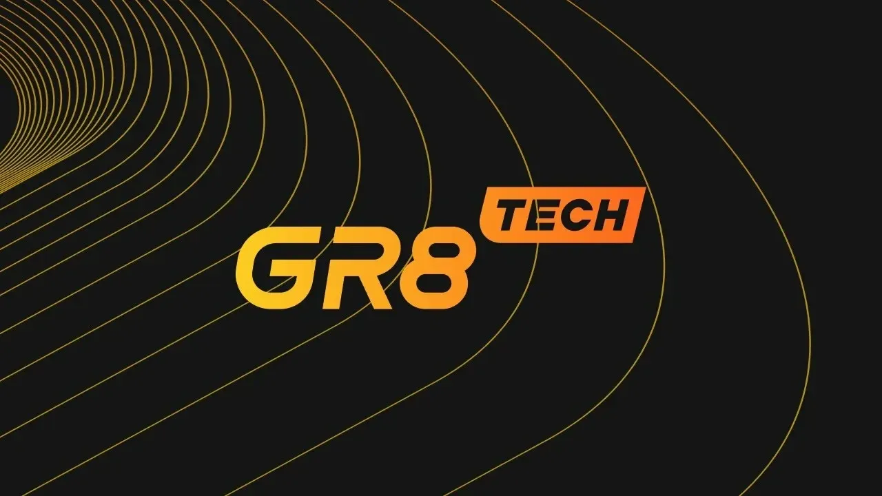 GR8 Tech logo in an orange gradient on a black background with golden curved lines